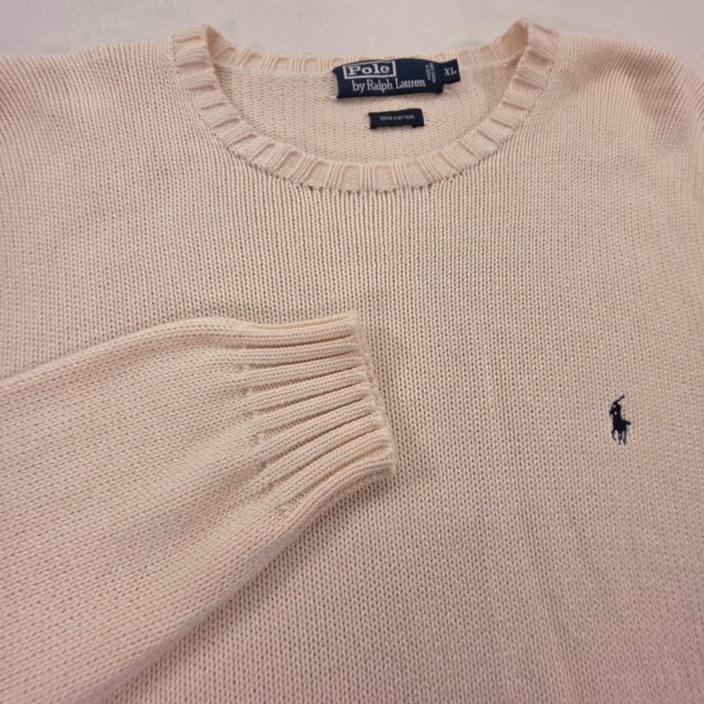 Polo Ralph Lauren Mens XL Cream Cotton Knit Crewneck Sweater Navy Pony Logo